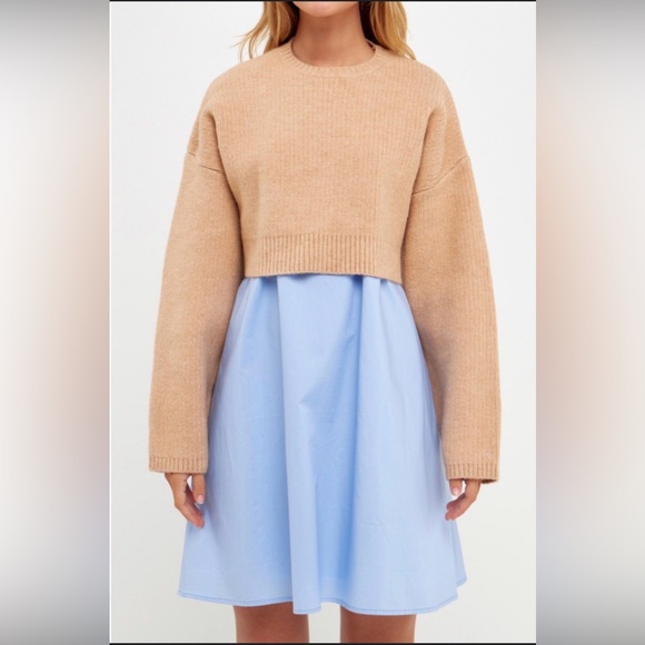 English Factory Tan Sweater with Blue Dress - Picture 3 of 10